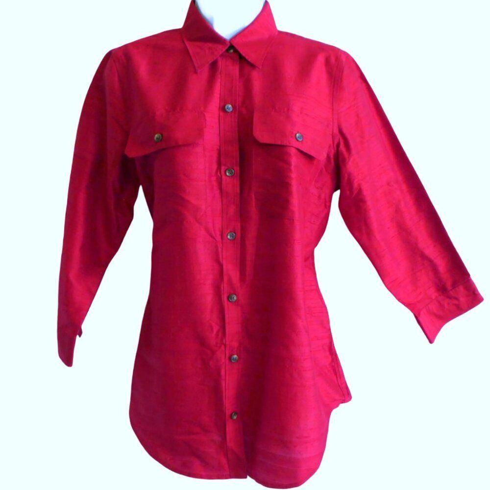 SiLK Ralph Lauren LRL Blouse Red Button Front Chest Flaps Three Quarter Sleeve M